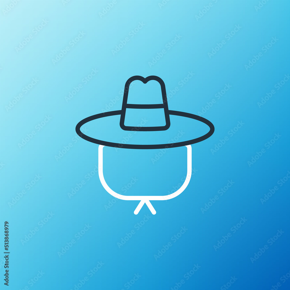 Line Camping hat icon isolated on blue background. Beach hat panama. Explorer travelers hat for hunt