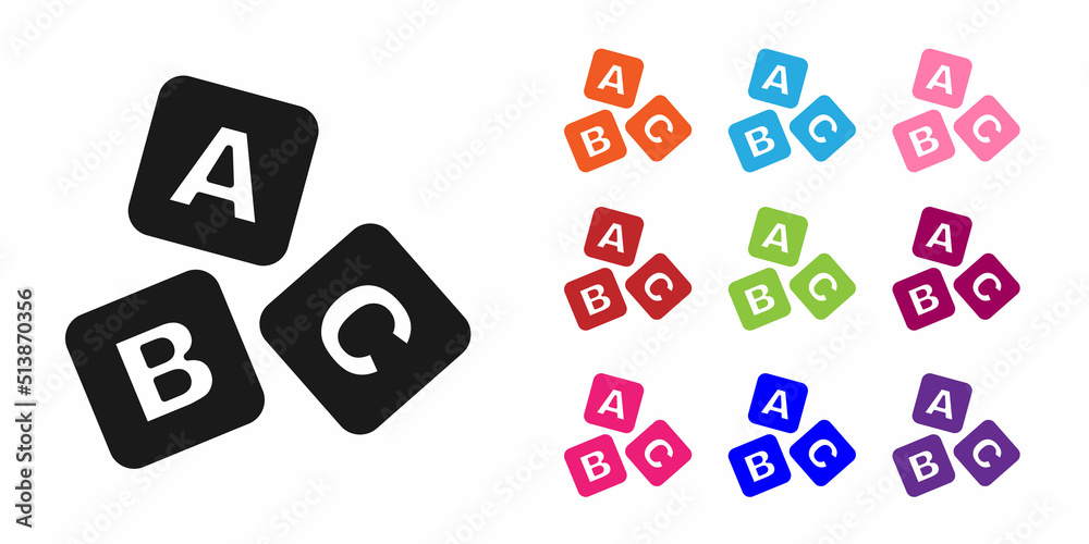 Black ABC blocks icon isolated on white background. Alphabet cubes with letters A,B,C. Set icons col