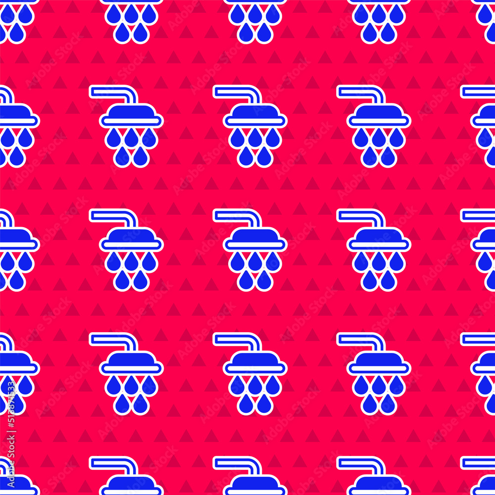 Blue Shower head with water drops flowing icon isolated seamless pattern on red background. Vector