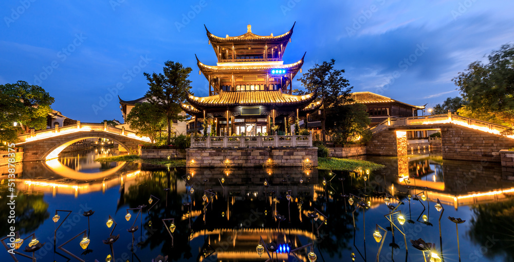 Chinese traditional pavilion building in jiaxing, China. ancient Chinese architecture at night.