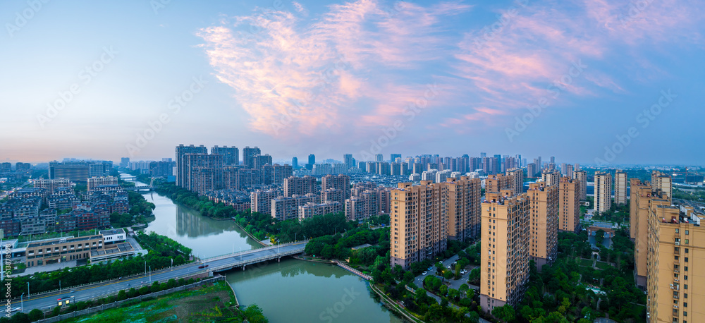 Aerial view of urban buildings residential area scenery in Jiaxing, China, Asia. Beautiful cityscape