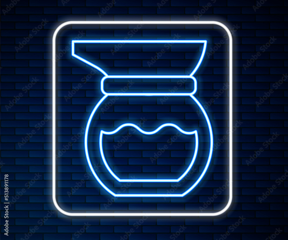 Glowing neon line Teapot icon isolated on brick wall background. Vector