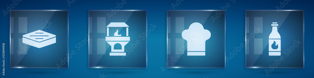 Set Steak meat, Brick stove, Chef hat and Tabasco sauce. Square glass panels. Vector