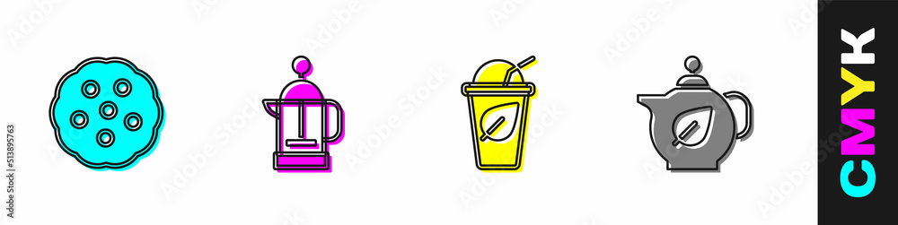 Set Cookie or biscuit, French press, Cup of tea with leaf and Teapot icon. Vector