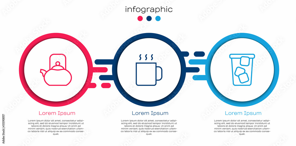 Set line Kettle with handle, Cup of tea and Ice. Business infographic template. Vector