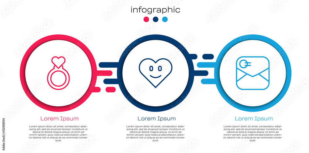 Set line Wedding rings, Heart and Envelope with Valentine heart. Business infographic template. Vect