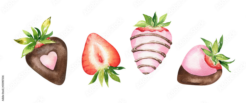 Set of chocolate covered strawberries illustration isolated on white background. Valentine’s day des