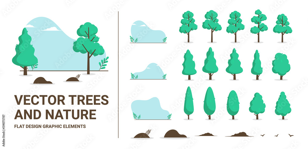 矢量树和自然图形元素-树木和岩石构成简单的平面设计背景