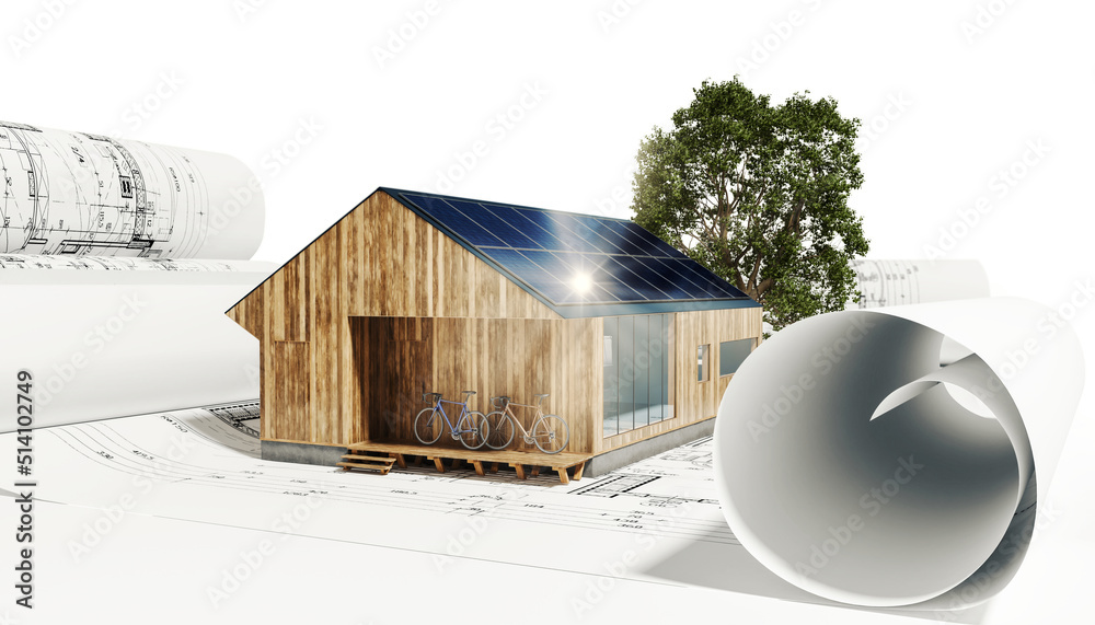 Ferien/Wochendhaus mit Solarmodulen und einer Lichtpiegelung-3D可视化