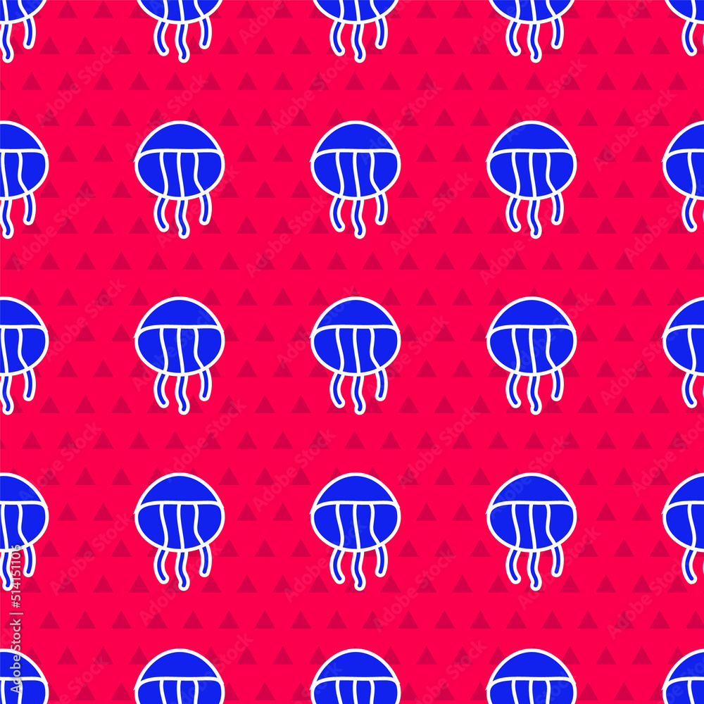 Blue Jellyfish icon isolated seamless pattern on red background. Vector