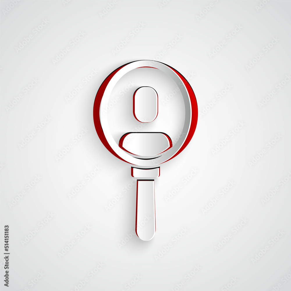 Paper cut Magnifying glass for search a people icon isolated on grey background. Recruitment or sele