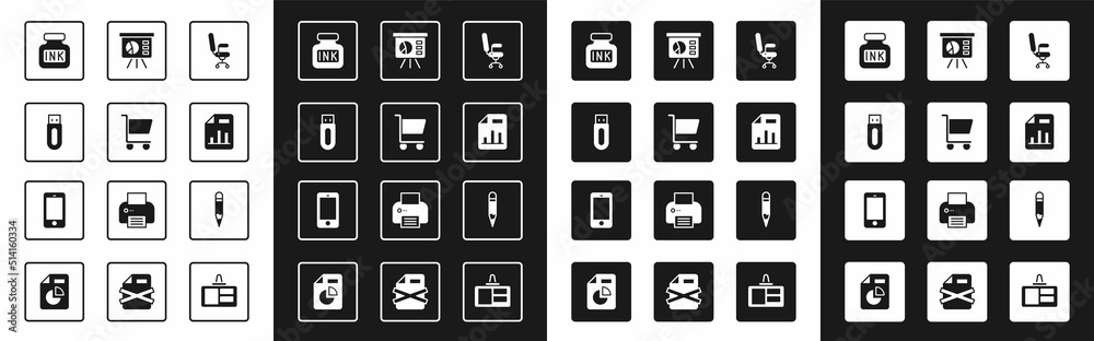 Set Office chair, Shopping cart, USB flash drive, Inkwell, Document with graph chart, Board, Pencil 