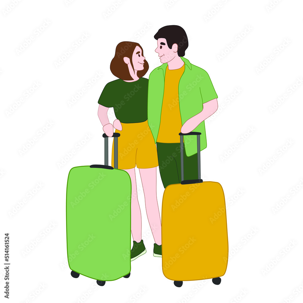 Couple of tourists with luggage on white background