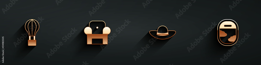 Set Hot air balloon, Armchair, Elegant women hat and Airplane window icon with long shadow. Vector