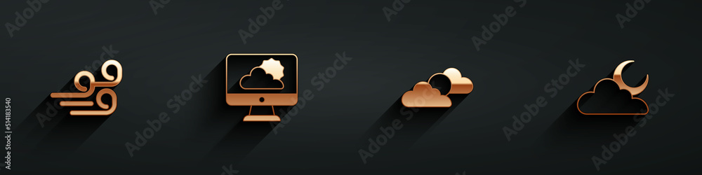 Set Windy weather, Weather forecast, Sun and cloud and Cloud with moon icon with long shadow. Vector