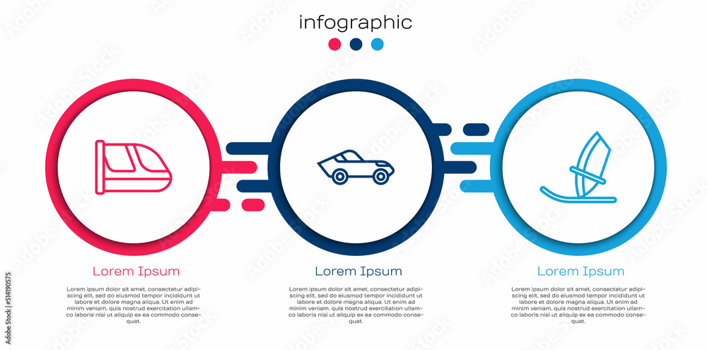 设置线路火车和铁路，汽车和帆板运动。商业信息图模板。矢量