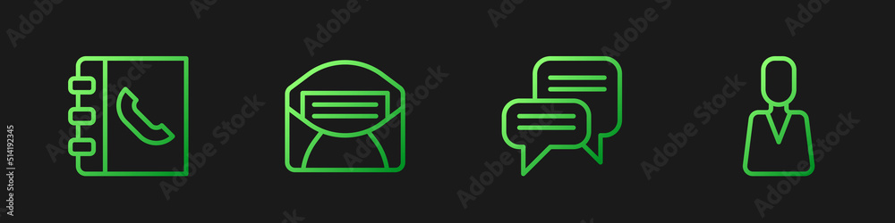 Set line Speech bubble chat, Phone book, Mail and e-mail and Employee. Gradient color icons. Vector