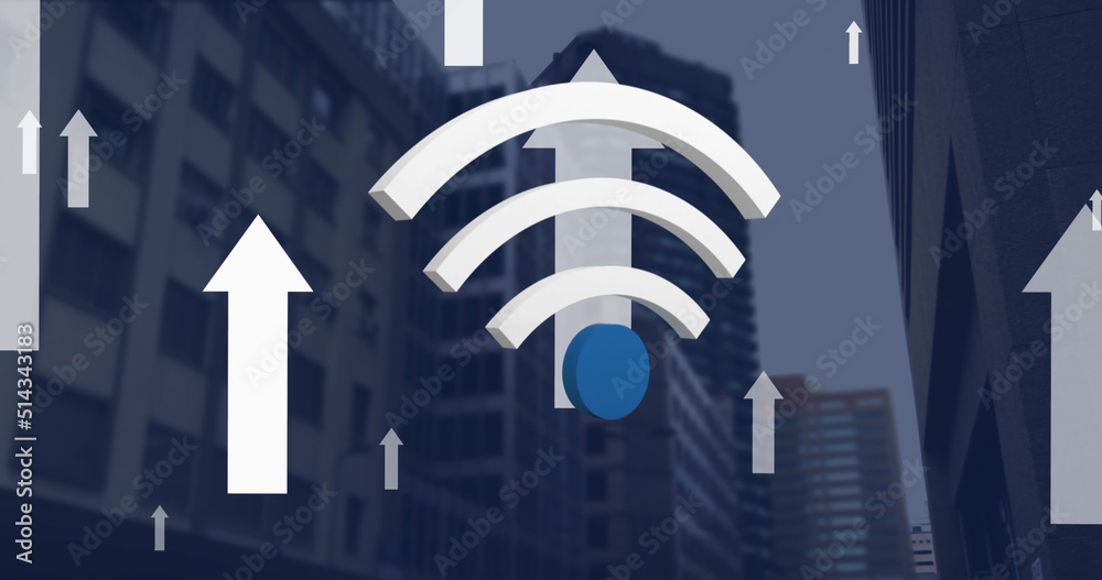 Image of wifi and arrows digital icons floating over cityscape