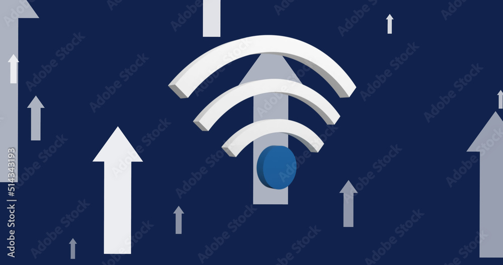 Image of wifi and arrows digital icons floating over blue background