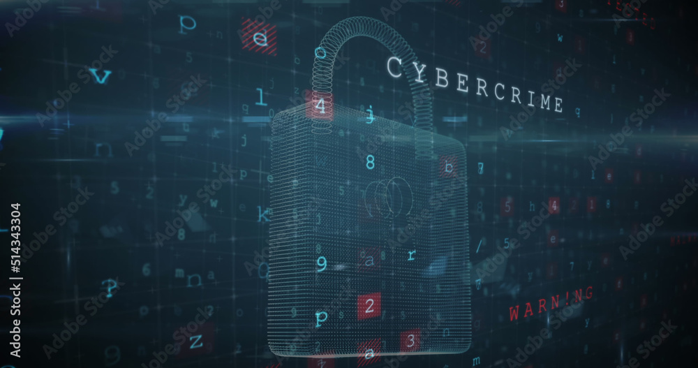 Image of scanning, numbers and online security padlock