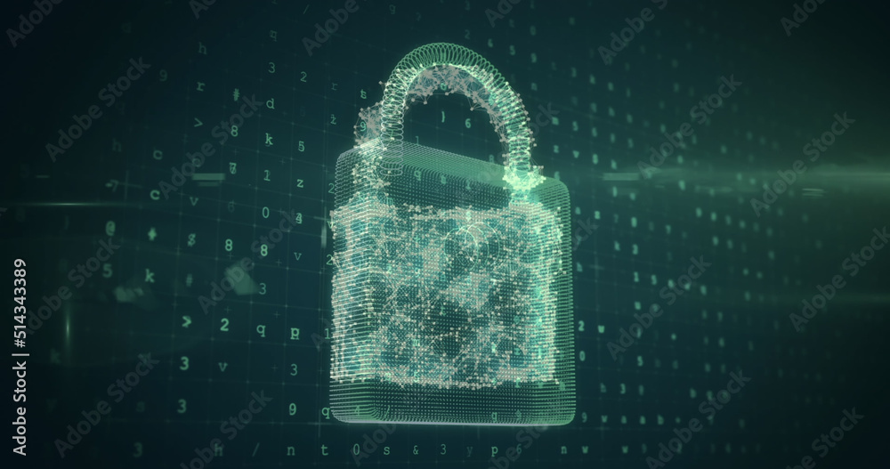 Image of changing numbers and letters over online cloud, shield and security padlock