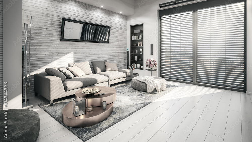 Sofa Inside a Sunny Apartment - black and white 3D Visualization