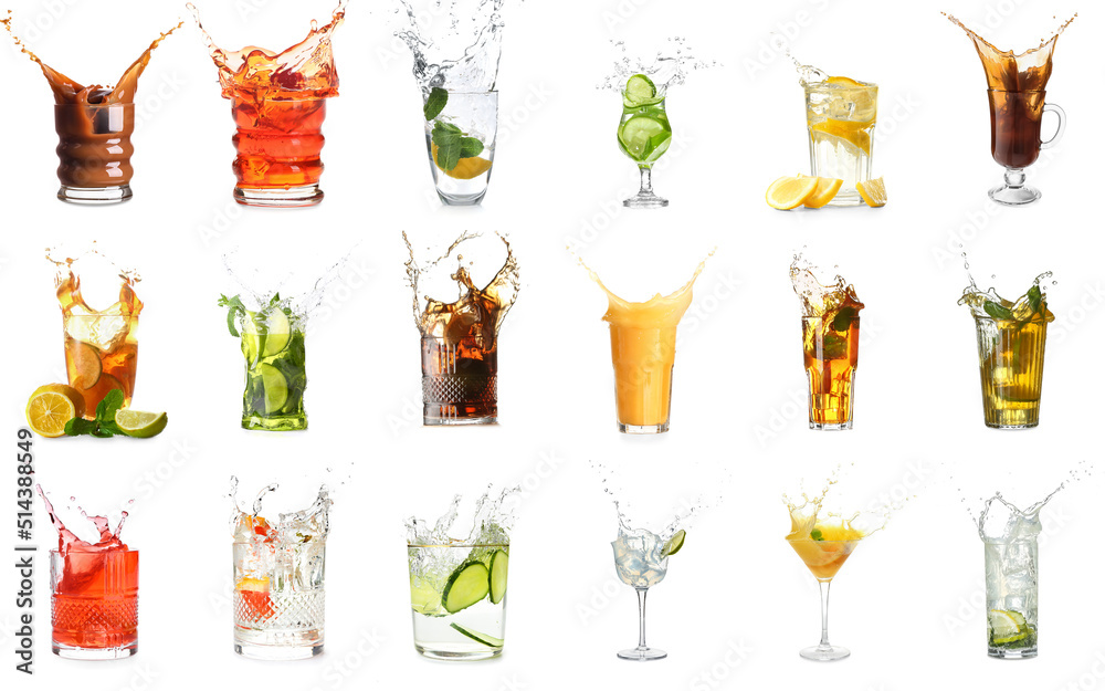 Set of different drinks with splashes isolated on white