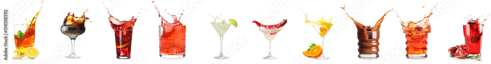 Set of different drinks with splashes isolated on white