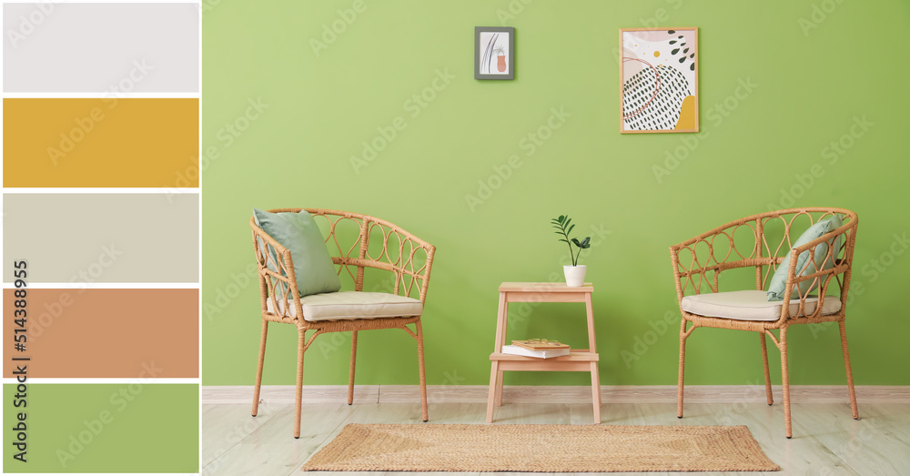 Comfortable wicker chairs and stepladder stool near green wall in room. Different color patterns