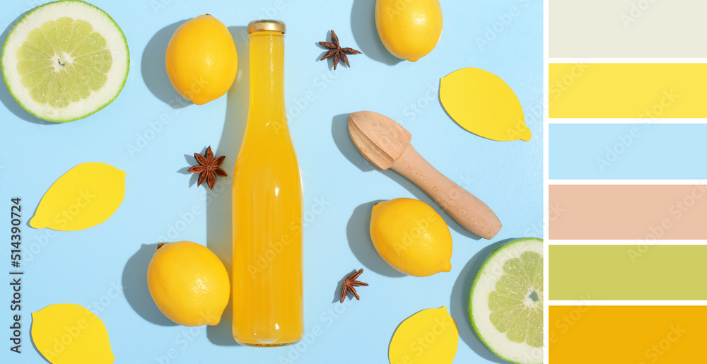 Bottle of fresh citrus soda on blue background. Different color patterns