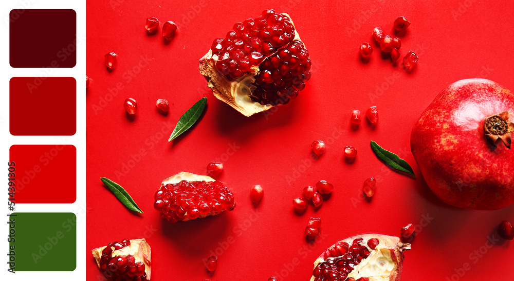 Ripe delicious pomegranate pieces on red background. Different color patterns