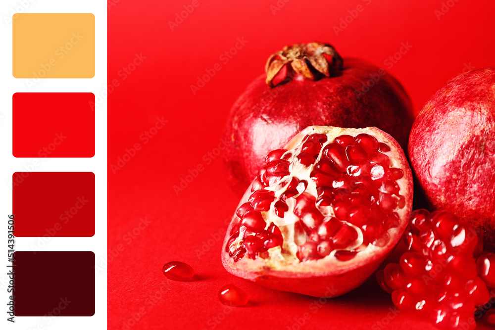 Ripe delicious pomegranates on red background. Different color patterns