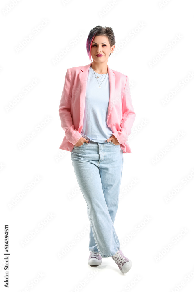 Beautiful woman with short dyed hair on white background