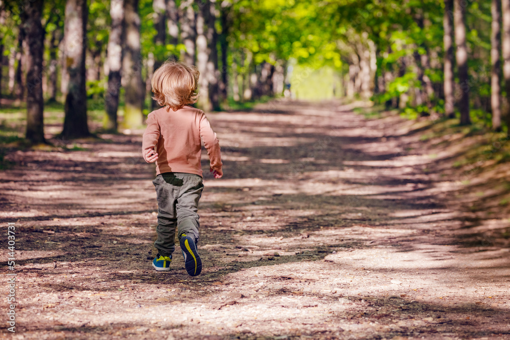 Boy run on an alley in park at summer view from behind