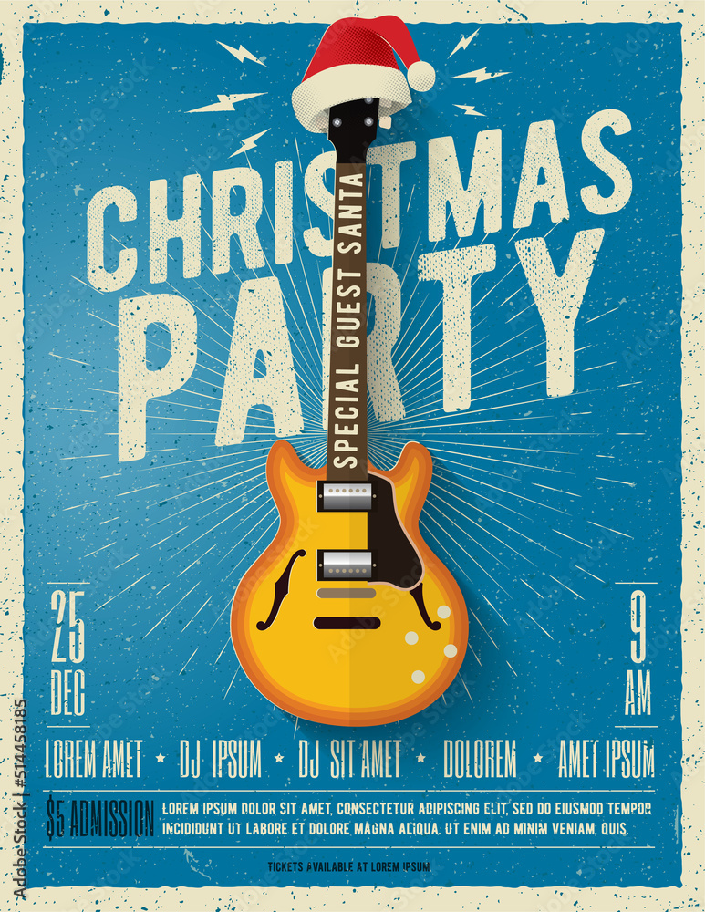 Christmas party poster or flyer design template with electric guitar with red santa hat on blue back