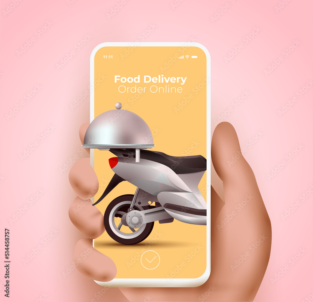 Food delivery service website or mobile application and online food ordering concept with hand holdi