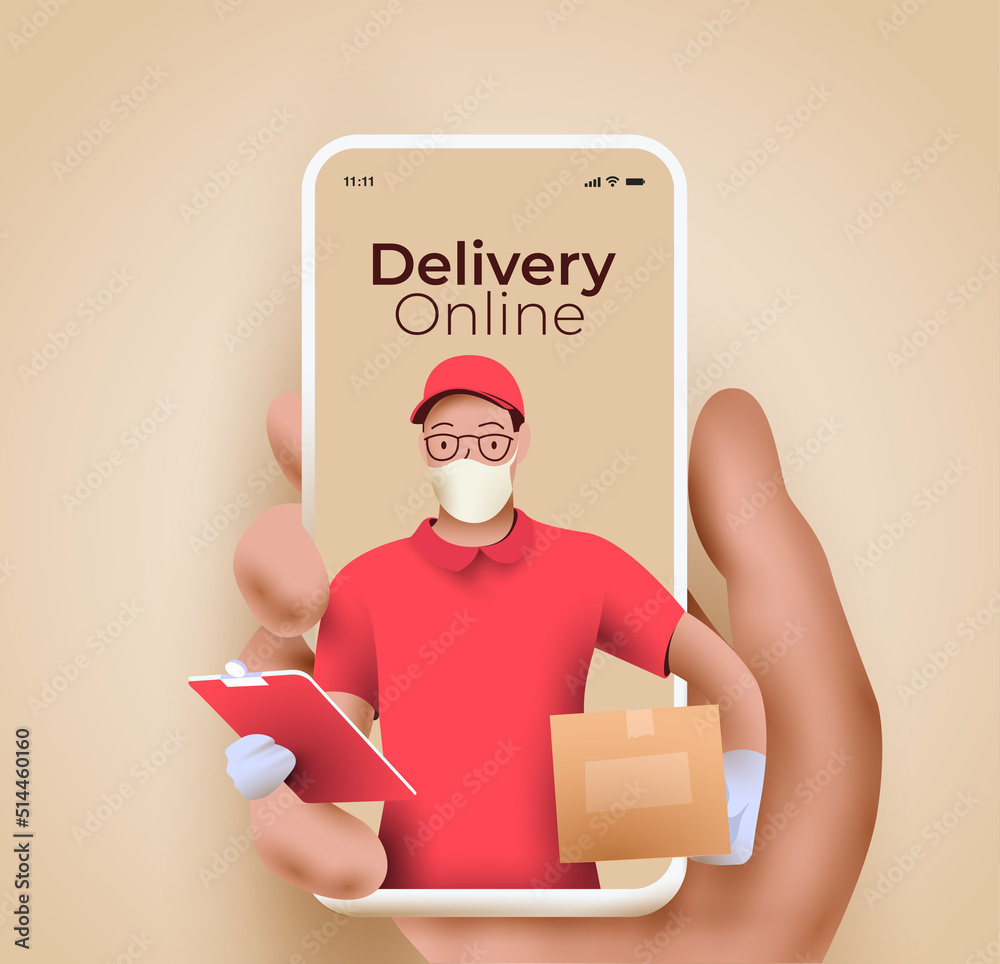 Online delivery service or delivery tracking mobile application concept with semi-realistic hand hol