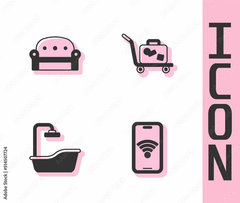 Set Mobile with wi-fi wireless, Sofa, Bathtub and Trolley suitcase icon. Vector