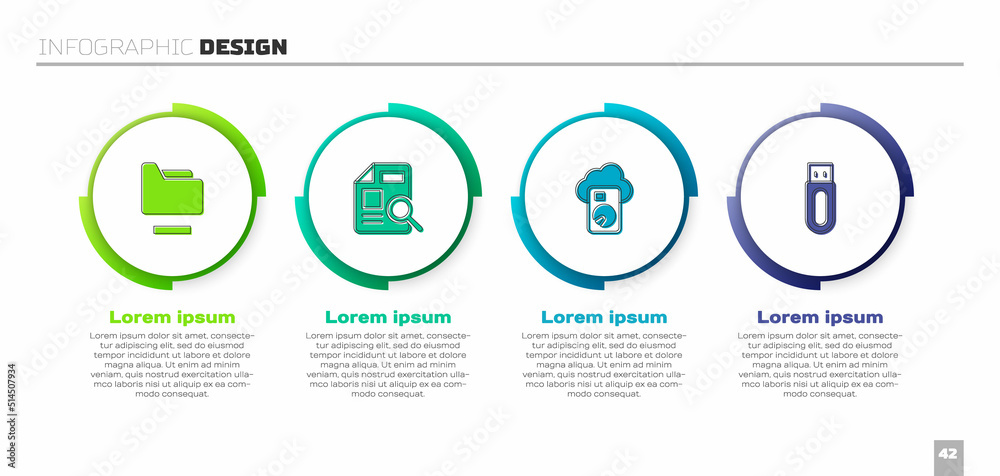 Set Document folder, with graph chart, Cloud database and USB flash drive. Business infographic temp