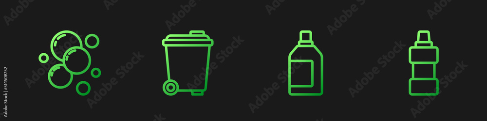 Set line Bottle for cleaning agent, Soap water bubbles, Trash can and . Gradient color icons. Vector