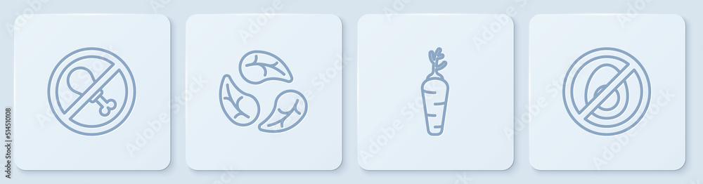 Set line No meat, Carrot, Leaf or leaves and . White square button. Vector