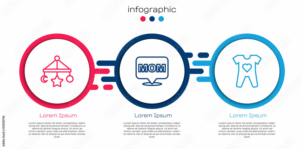 套装婴儿床悬挂玩具，语音泡泡妈妈和衣服。商业信息图模板。Vecto