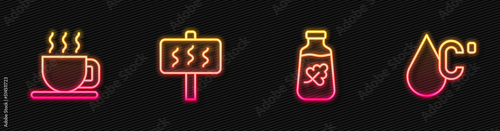 Set line Essential oil bottle, Cup of tea, Sauna and Water temperature. Glowing neon icon. Vector