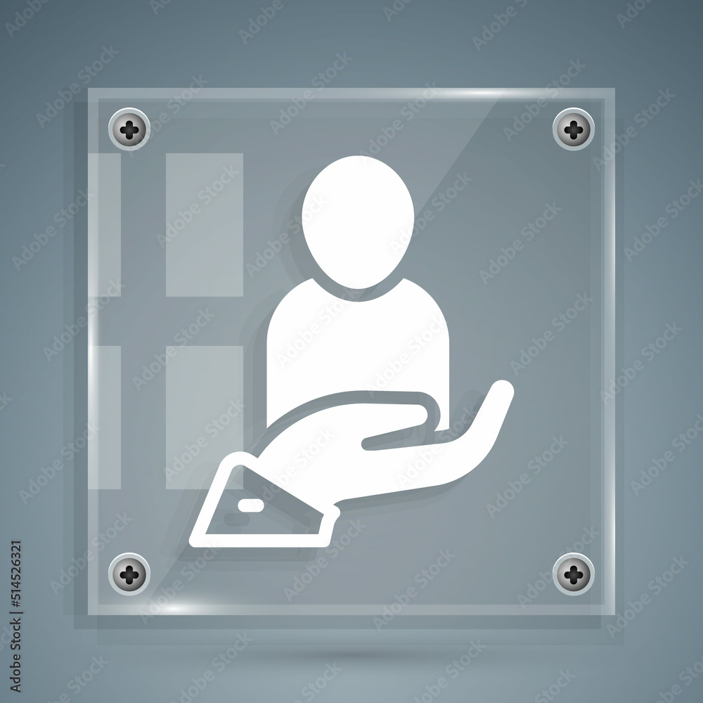 White Life insurance in hand icon isolated on grey background. Security, safety, protection, protect