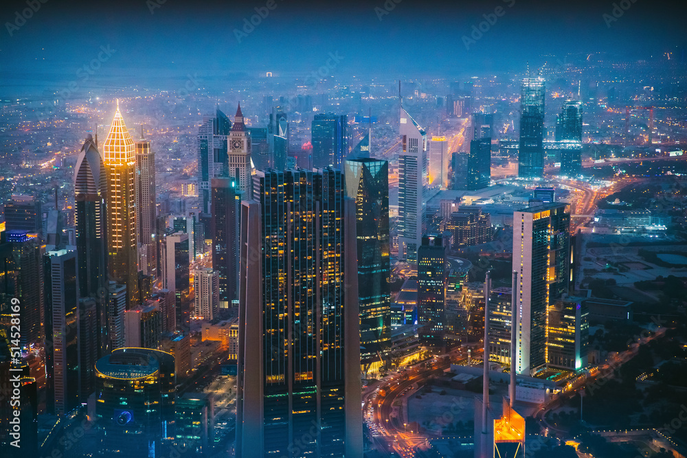 Aerial View Of Evening Night Traffic Of Residential District. Street Night Illumination Of Residenti