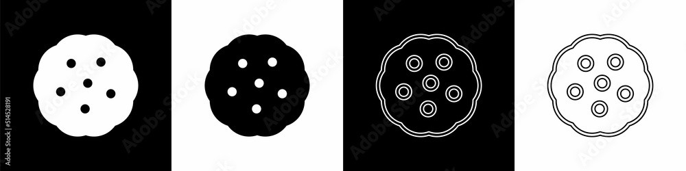 Set Cookie or biscuit with chocolate icon isolated on black and white background. Vector