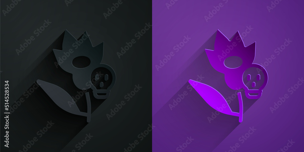 Paper cut Poison flower icon isolated on black on purple background. Paper art style. Vector