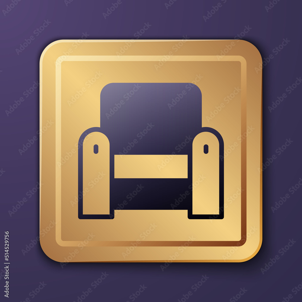 Purple Armchair icon isolated on purple background. Gold square button. Vector