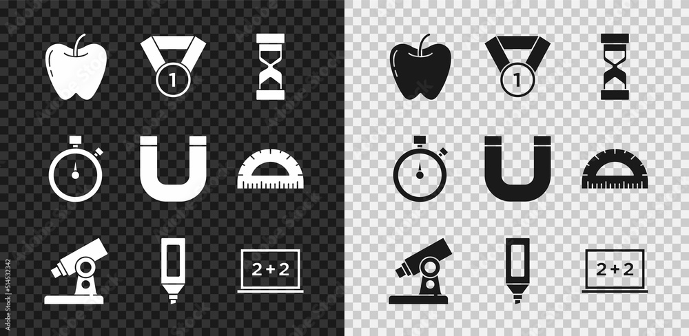 套装苹果、奖章、带沙子的旧沙漏、显微镜、记号笔、黑板、秒表和磁铁