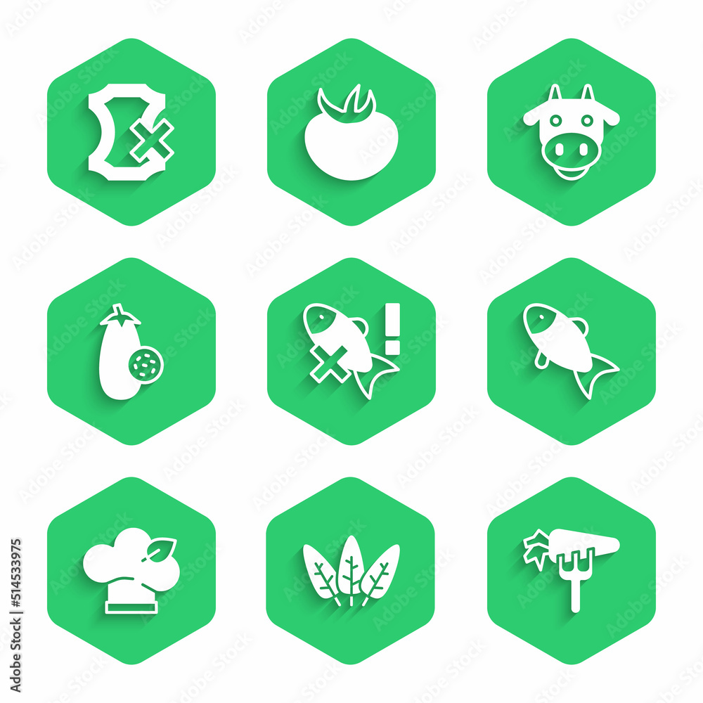 Set No fish, Leaf, Carrot, Fish, Vegan food diet, Eggplant, Cow head and leather icon. Vector